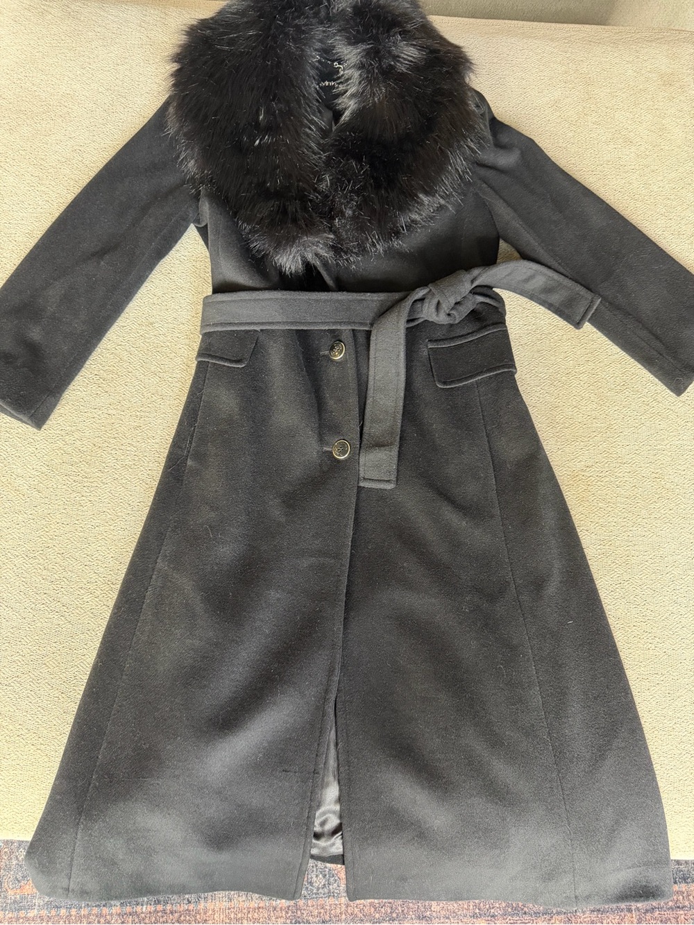 Calvin Klein Black Wool Blend Belted Coat with Faux Fur Collar - Size 16P